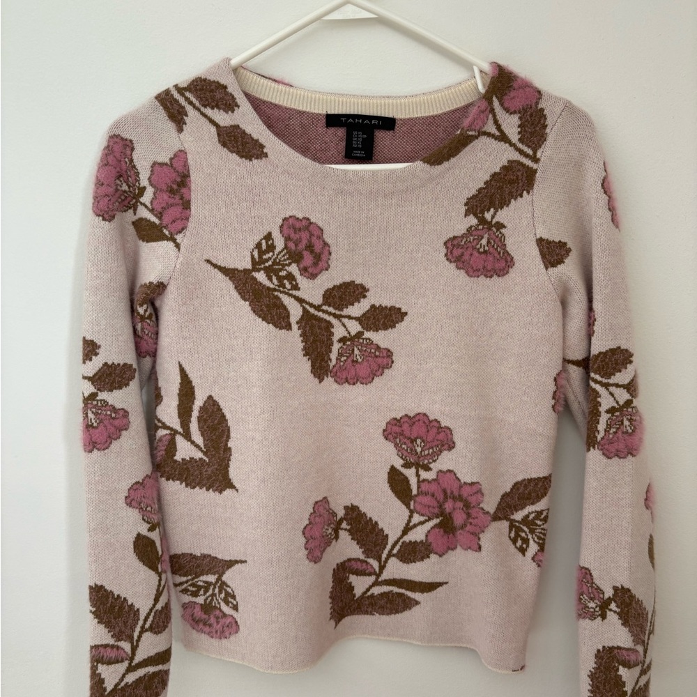 Tahari Blush Pink Floral Knit Sweater